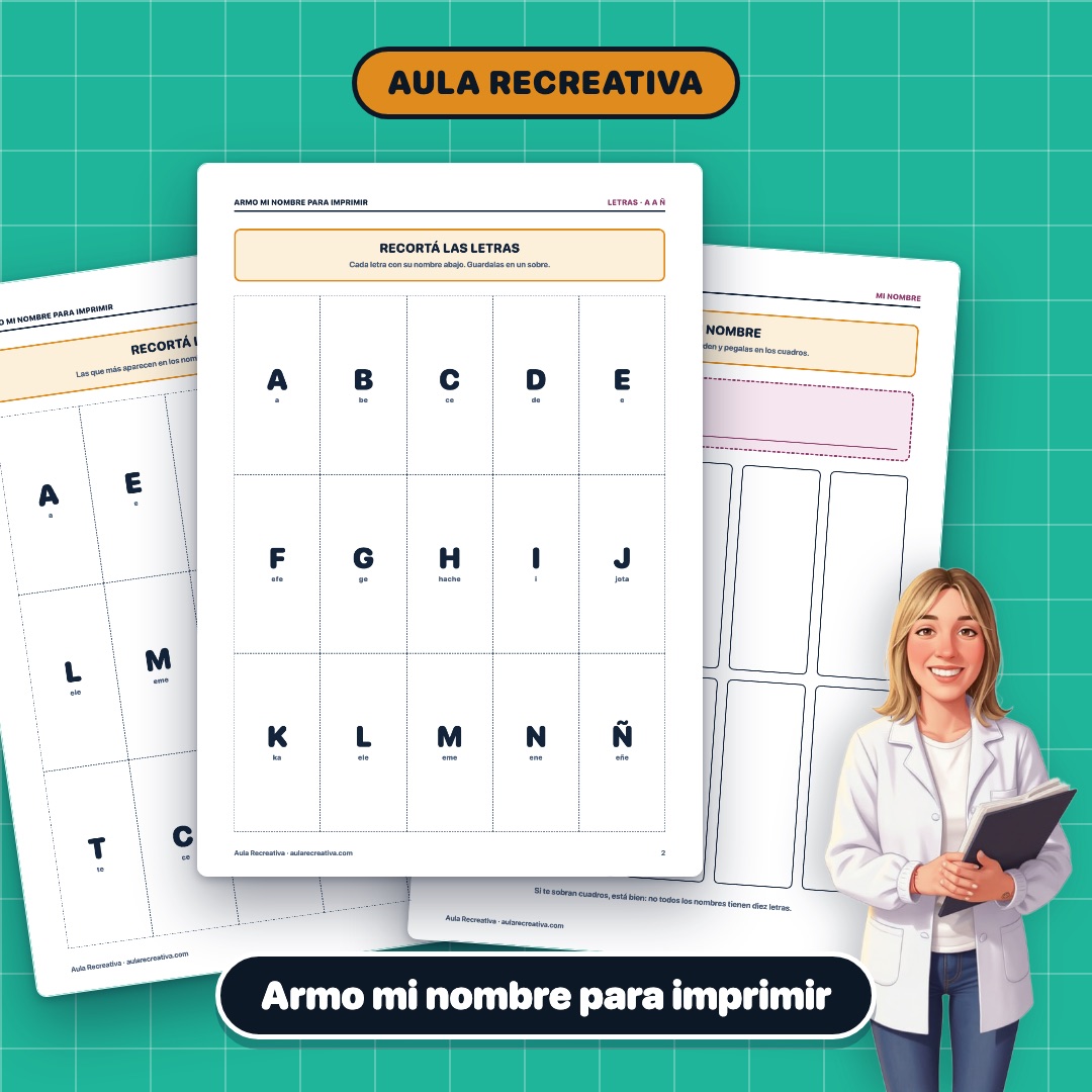 Tres hojas del cuadernillo de armo mi nombre para imprimir en abanico