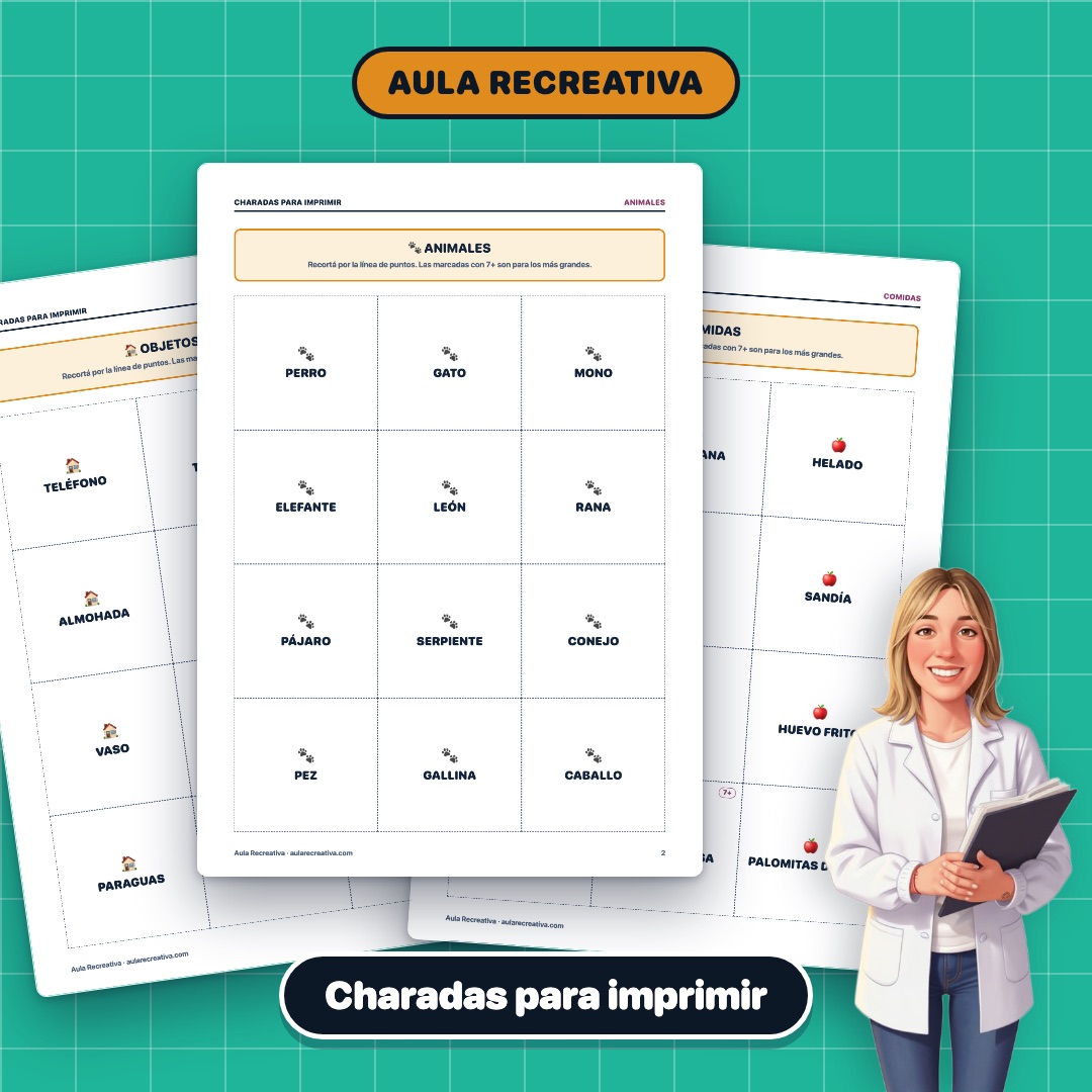 Tres hojas del cuadernillo de charadas para imprimir en abanico