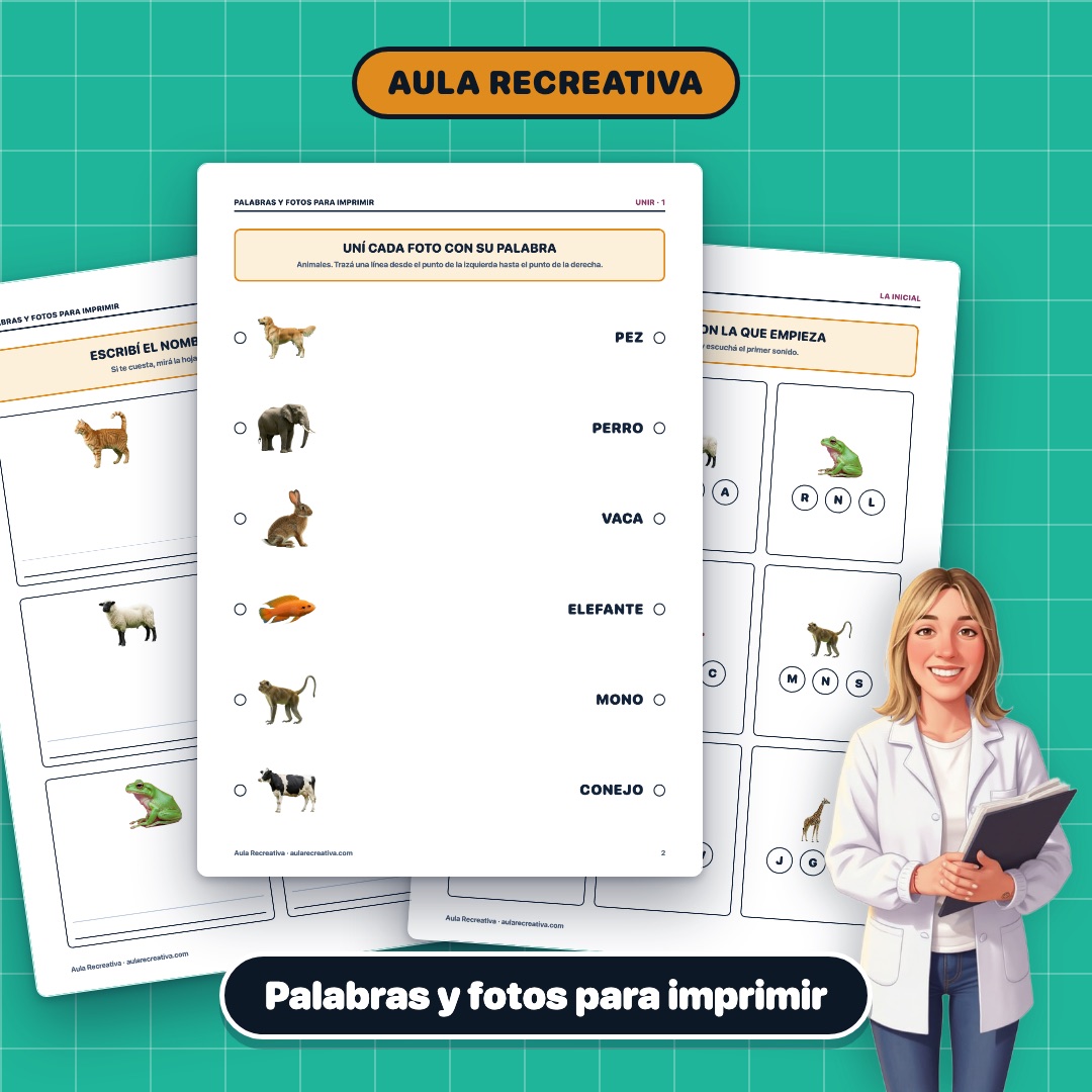 Tres hojas del cuadernillo de palabras y fotos para imprimir en abanico