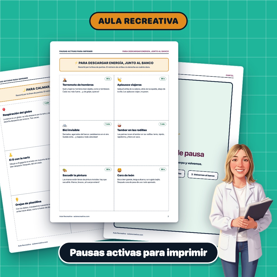 Tres hojas del cuadernillo de pausas activas para imprimir en abanico