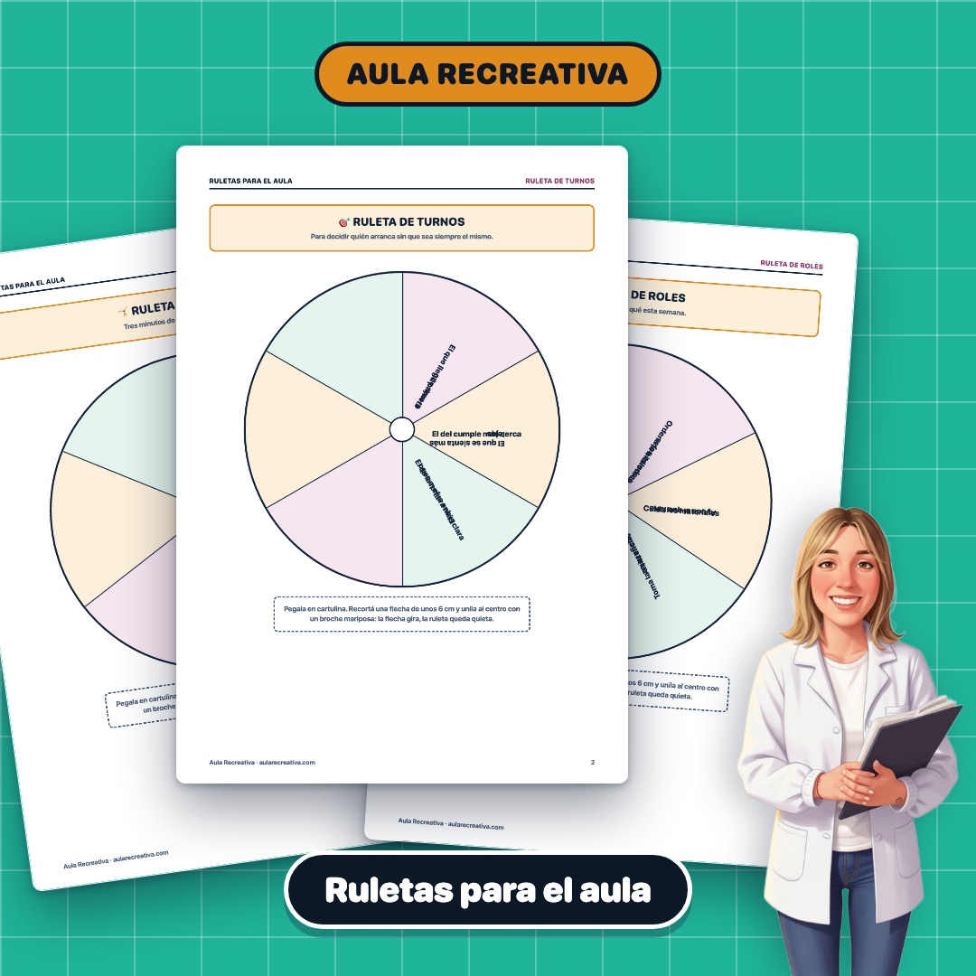 Tres hojas del cuadernillo de ruletas para el aula en abanico