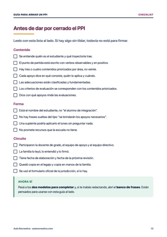 Checklist para revisar el PPI antes de firmarlo, con casilleros de contenido, forma y circuito