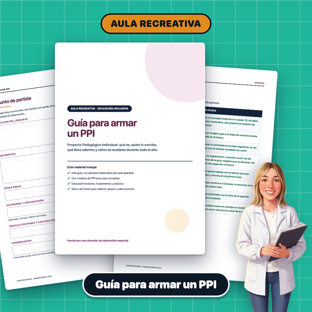 Las tres piezas del material abiertas en abanico: la portada de la guía, una hoja del modelo para completar y una página del banco de frases