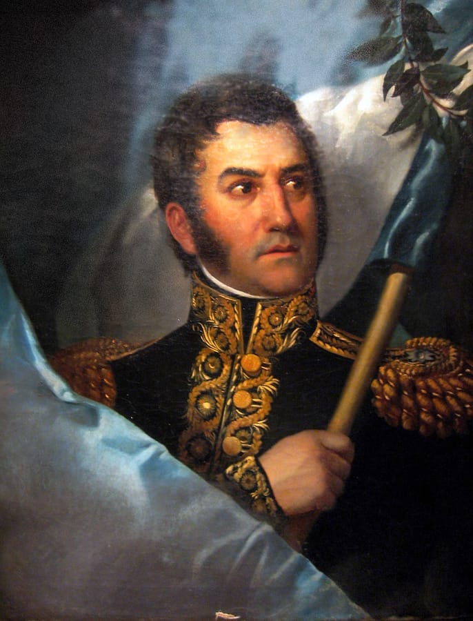 Retrato del general José de San Martín con la bandera argentina, pintado hacia 1828