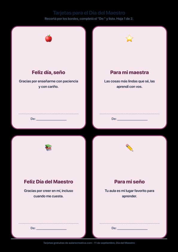 Vista previa de las tarjetas del Día del Maestro para imprimir
